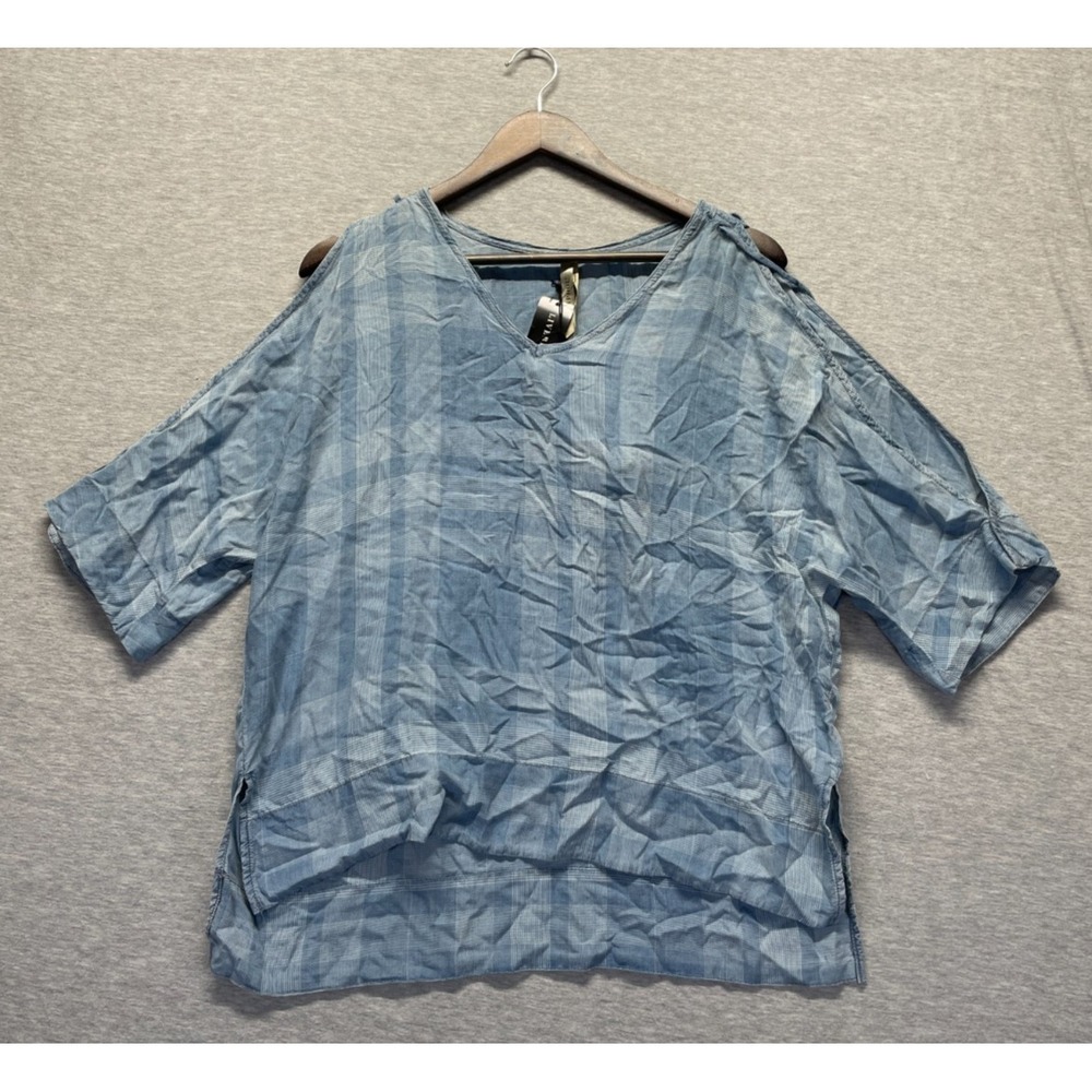 Liverpool Blouse Top Womens Medium Blue Plaid High Low Slit Cold Shoulder V-Neck